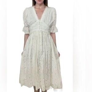 House of Harlow 1960 White eyelet button front puff sleeve midi dress M